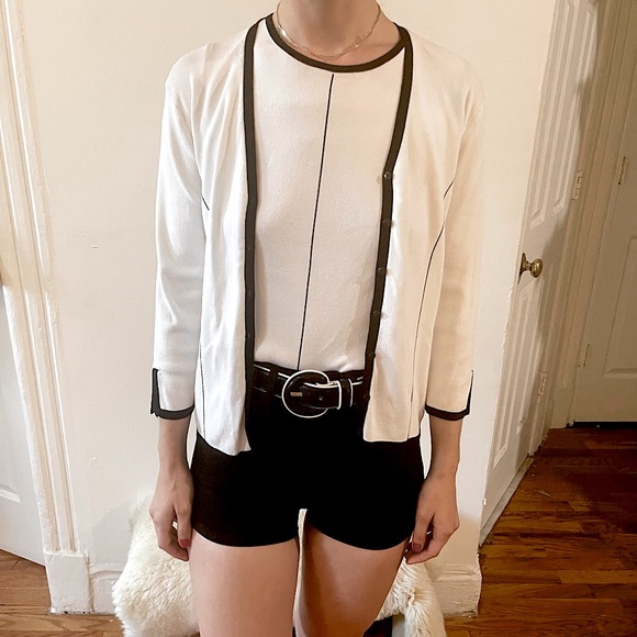 Vintage Shego’s White + Black Trim 3/4 Sleeve V Neck Cardigan Sweater Fit S M L - Picture 15 of 16